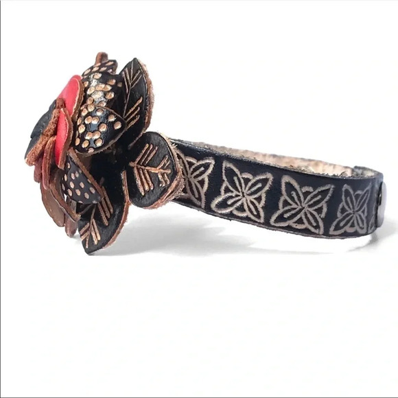 Handmade Genuine Leather Flower Bracelet | Boho Artisan Adjustable Cuff - Picture 4 of 5